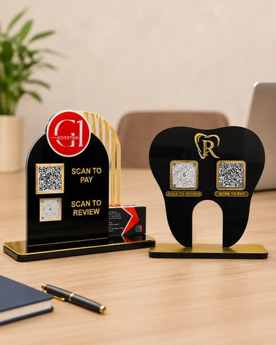 Custom QR Code Standees — Acrylic | Black Gold Mirror | Made in Jaipur