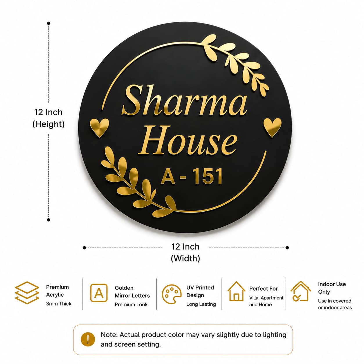 12 x 12 inch round black acrylic name plate size comparison image