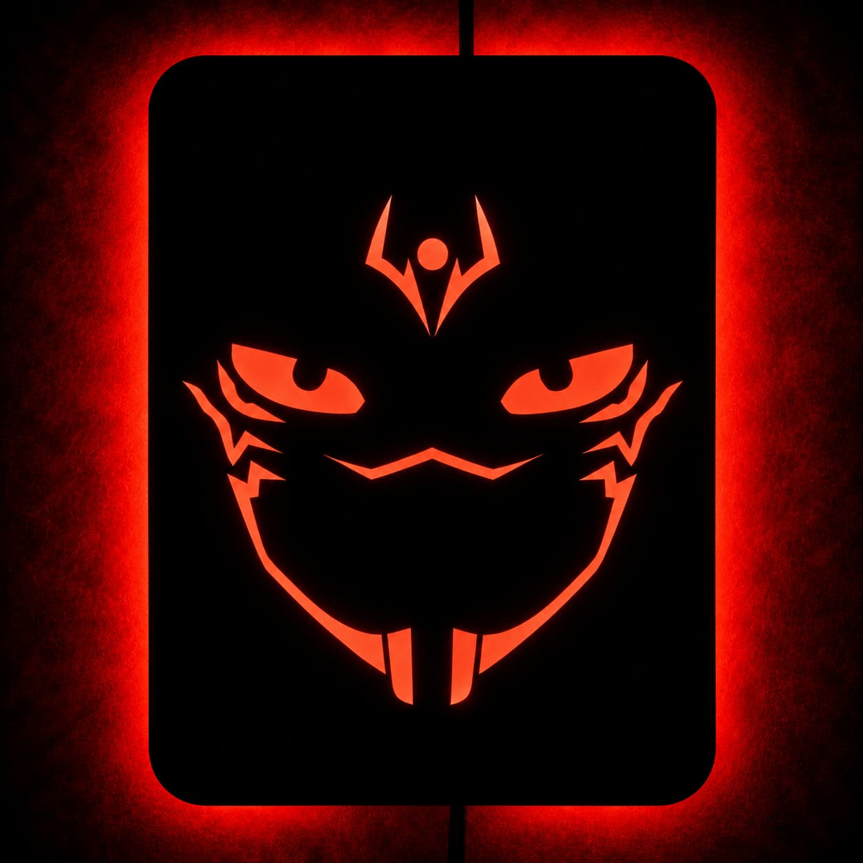 Red LED demon face MDF wall art with glowing eyes
