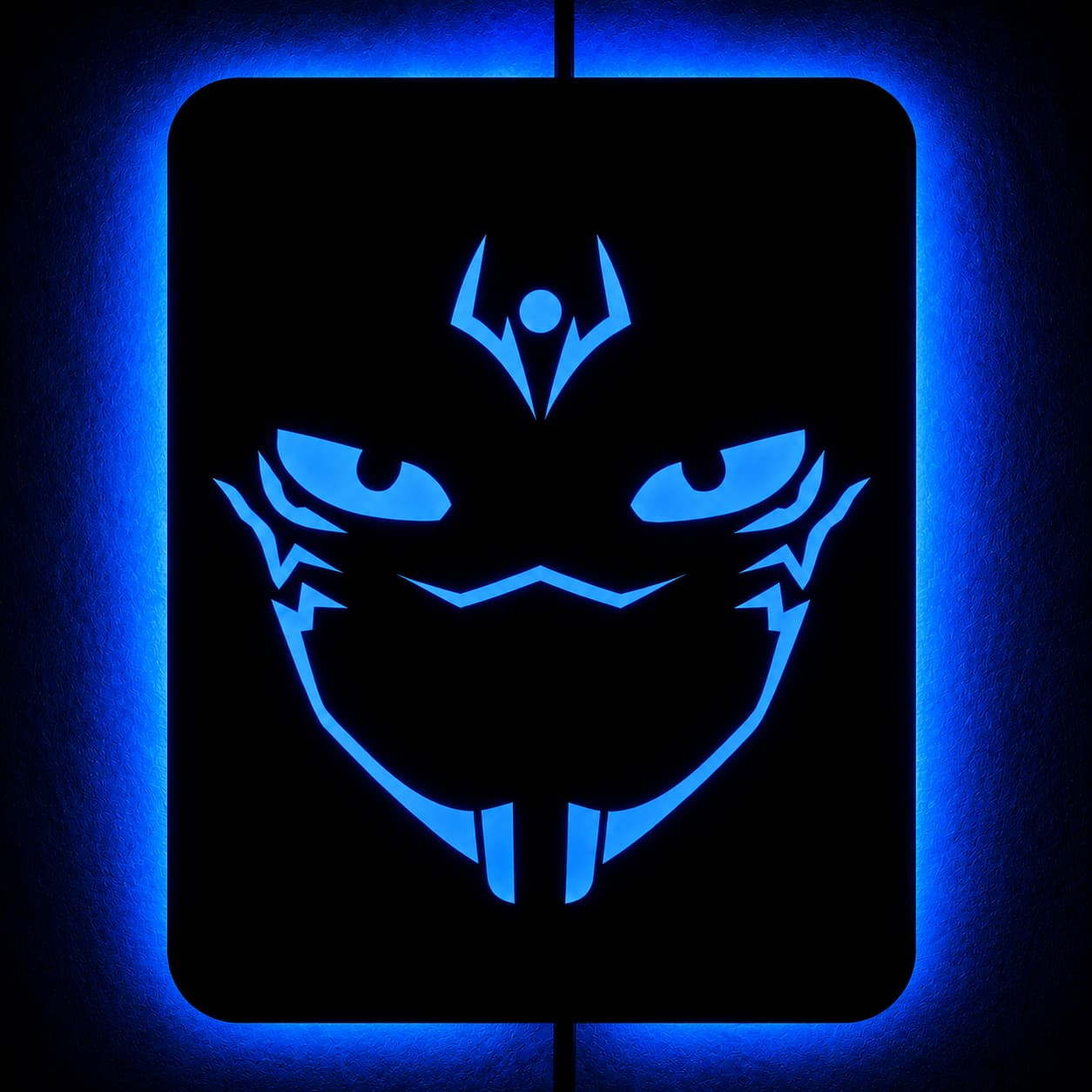 Blue LED demon face MDF wall decor with glowing eyes