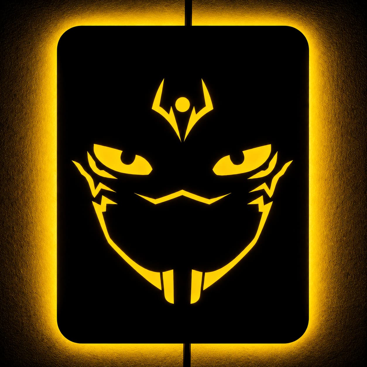 Warm yellow LED demon face MDF wall art with glowing mask