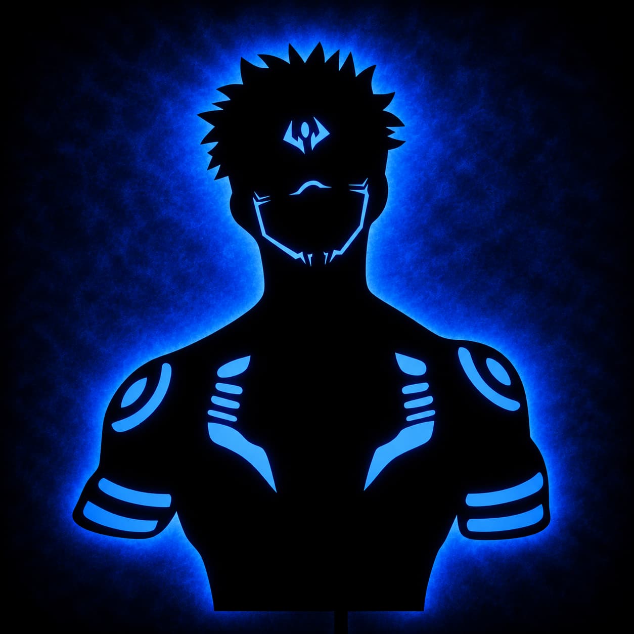 Blue LED backlit anime hero MDF wall art with glowing accents