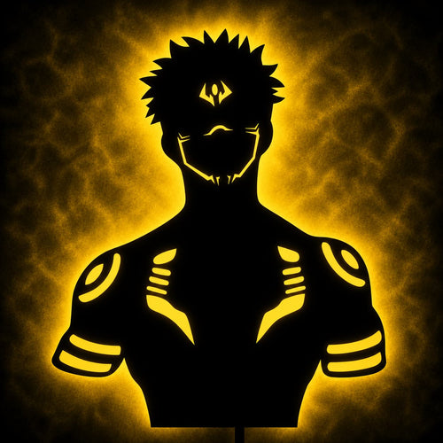Warm yellow LED anime hero MDF wall lamp with glowing silhouette
