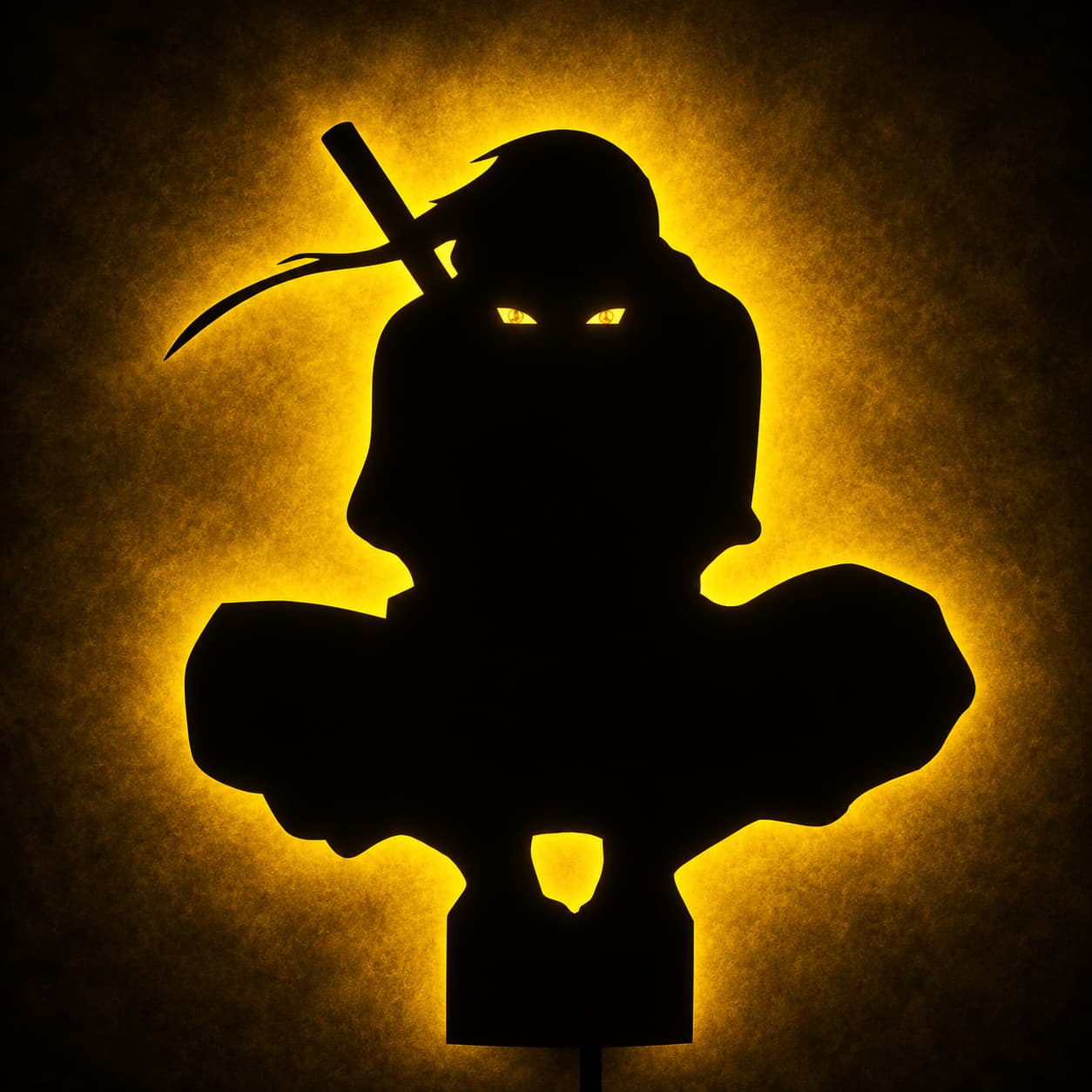 Warm yellow LED anime ninja silhouette MDF wall art with glowing eyes