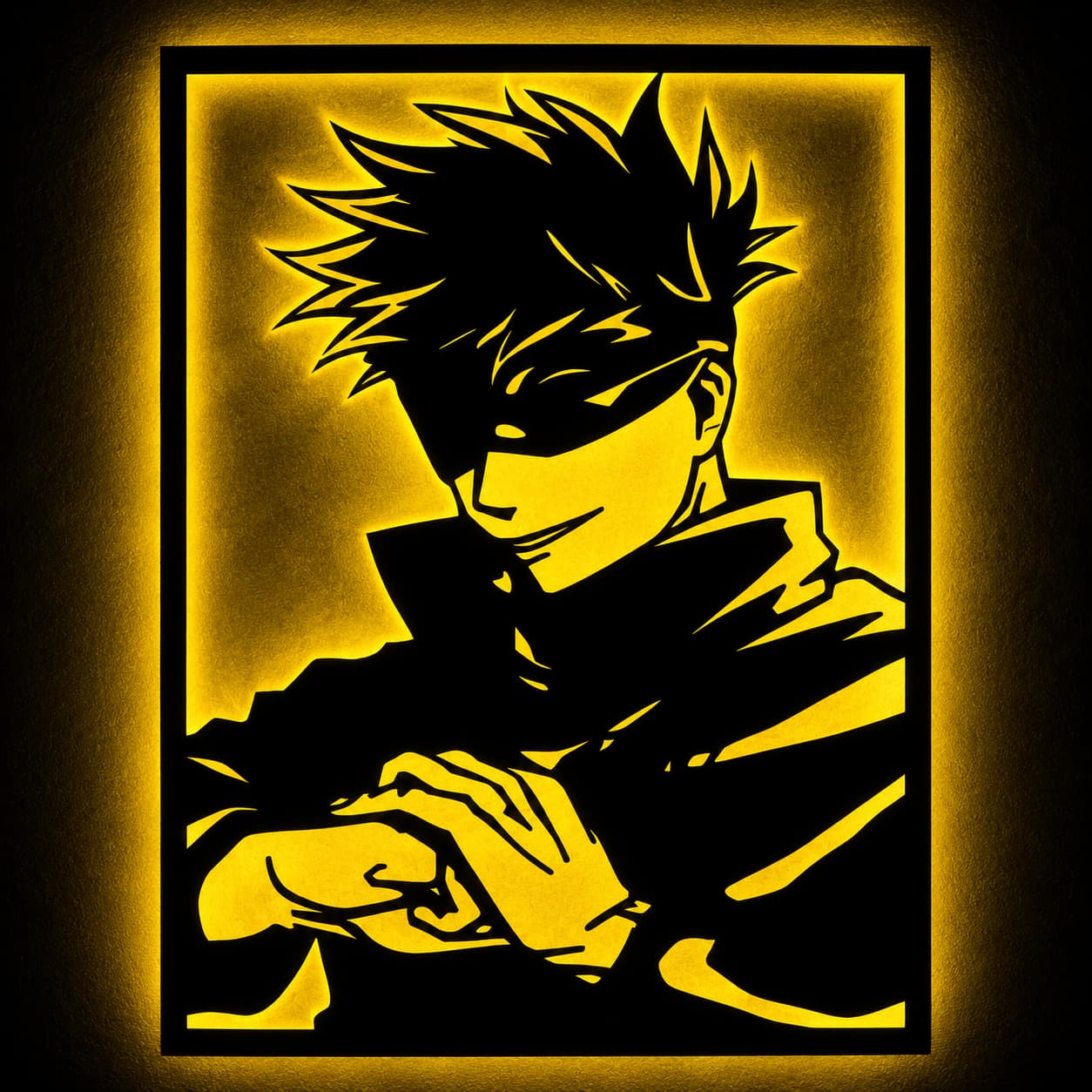 Warm yellow LED anime sorcerer MDF wall art with glowing frame