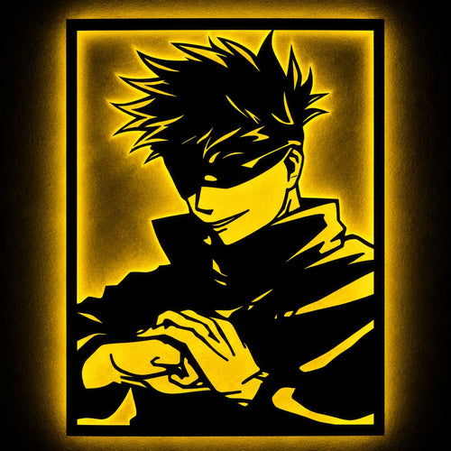 Warm yellow LED anime sorcerer MDF wall art with glowing frame