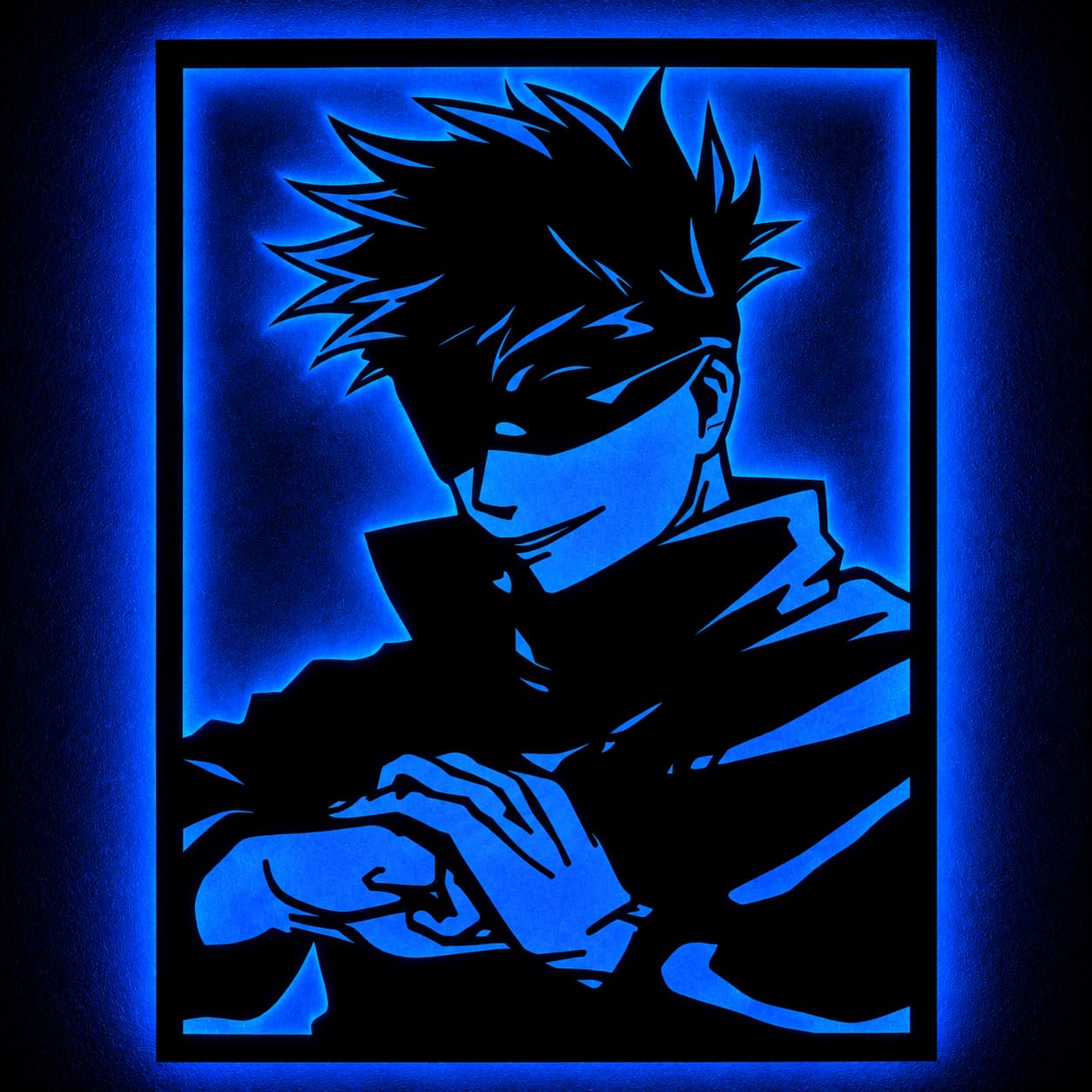 Blue LED anime sorcerer MDF wall decor with illuminated frame