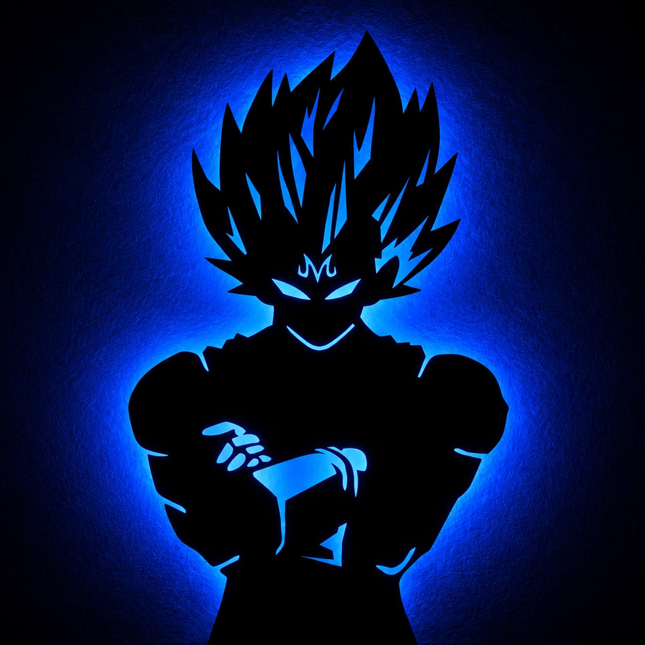 Blue LED anime warrior MDF wall art with glowing blue aura