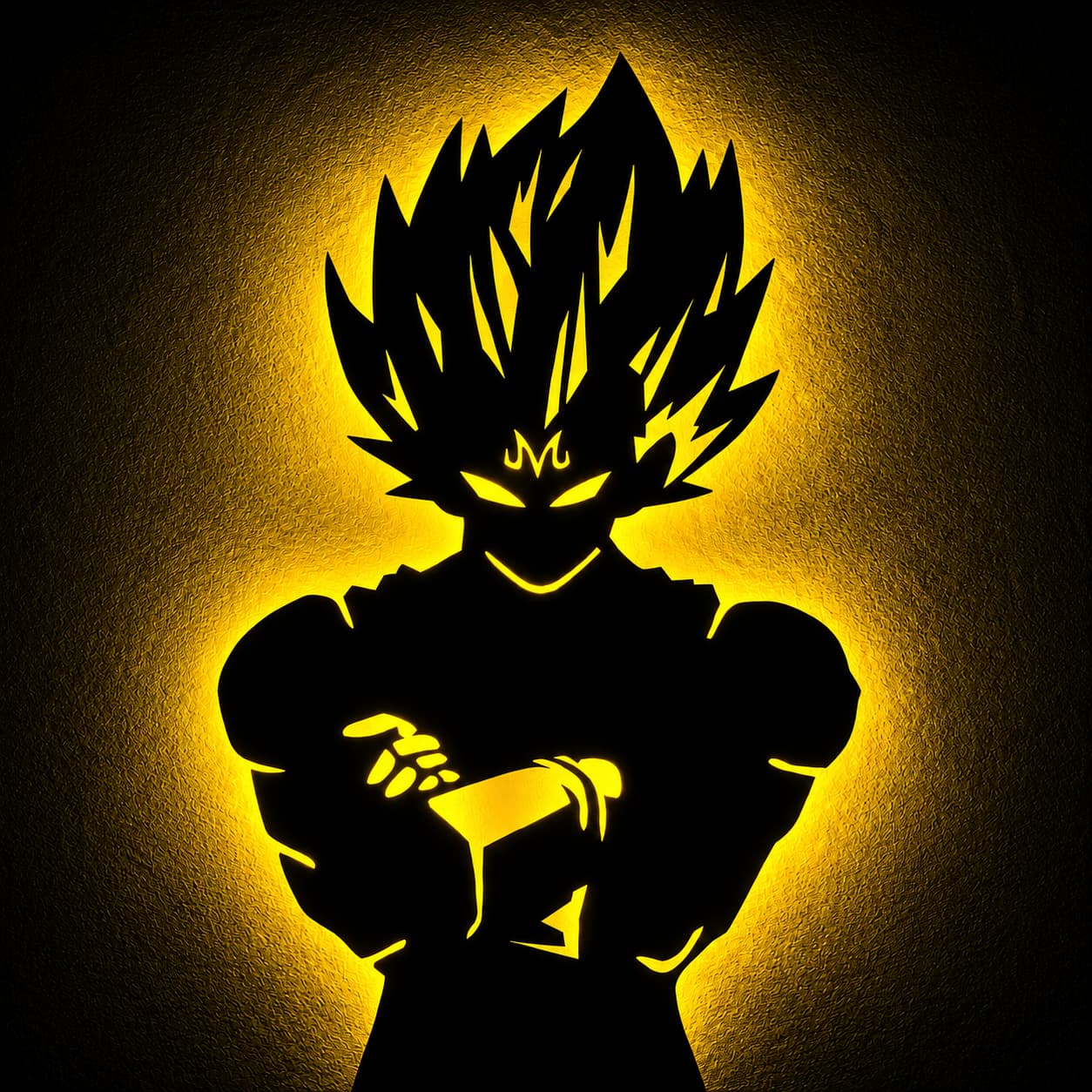 Warm yellow LED anime warrior MDF wall decor with glowing aura