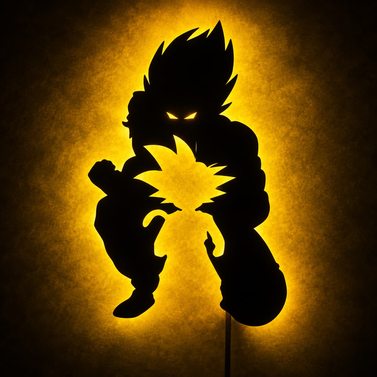 Warm yellow LED anime warrior MDF wall art with illuminated silhouette