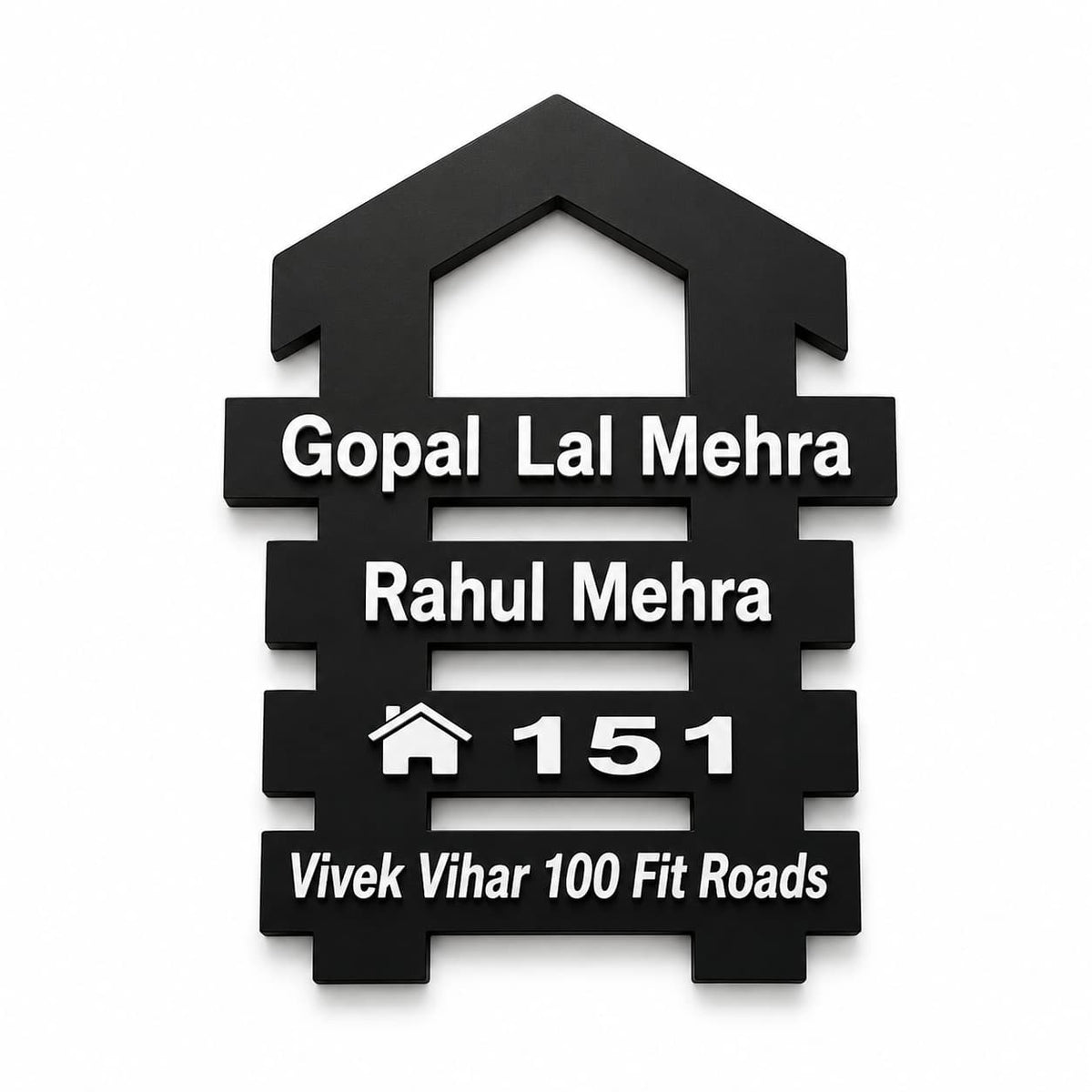 Black acrylic house shaped name plate with white 3D raised letters for home entrance outdoor and indoor use by 11gifts