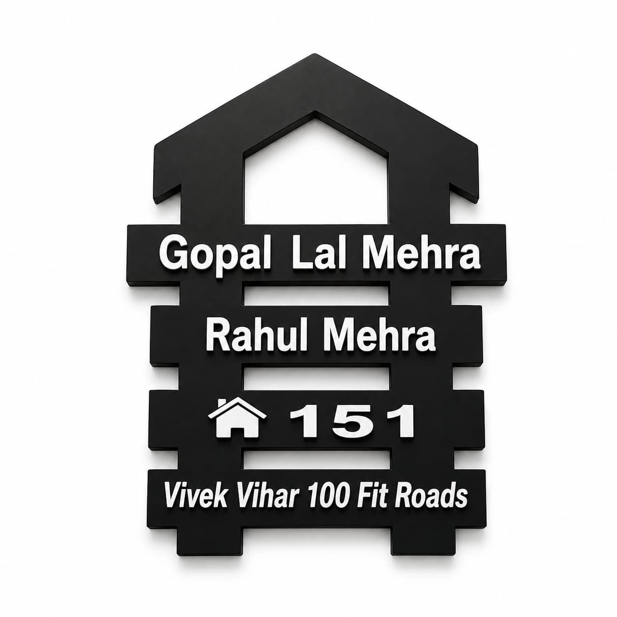 Black acrylic house shaped name plate with white 3D raised letters for home entrance outdoor and indoor use by 11gifts