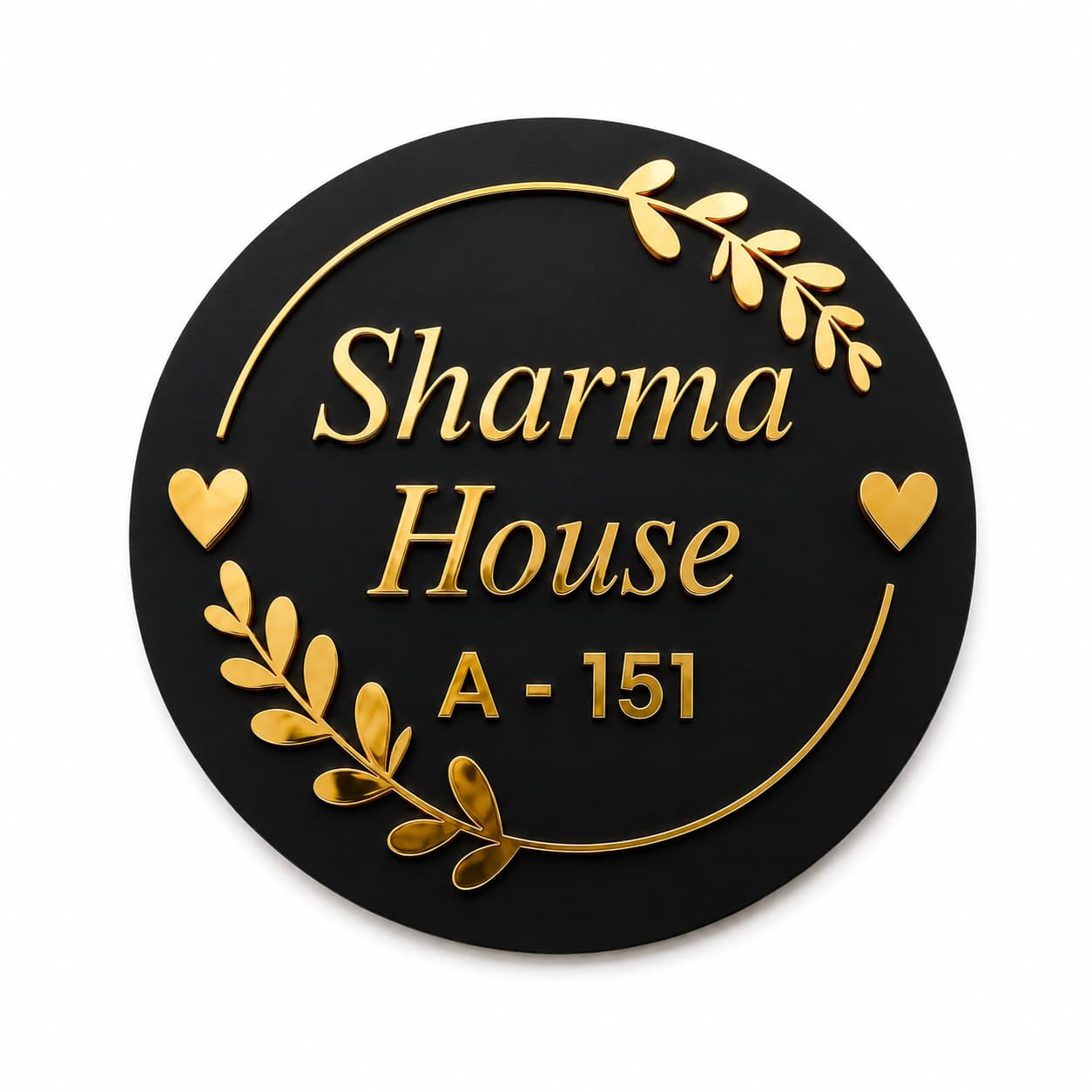 Black acrylic round name plate with golden mirror letters Sharma House A-151