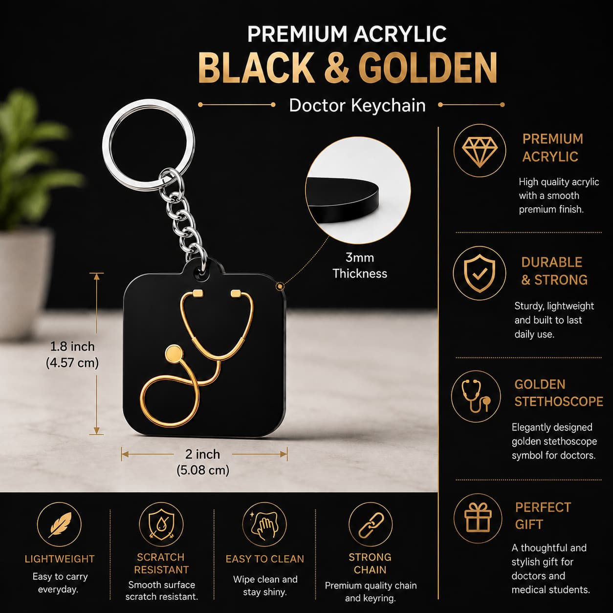 Black acrylic doctor keychain with gold stethoscope design measuring 1.8 inch height and 2 inch width
