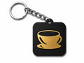 Black acrylic keychain with gold mirror tea cup design and silver key ring, made in India