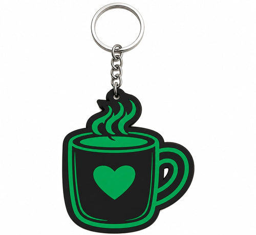 Black acrylic coffee mug keychain with green heart design and silver steel key ring, made in India