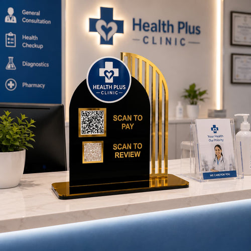 Clinic QR Code Payment and Google Review Standee on Reception Counter