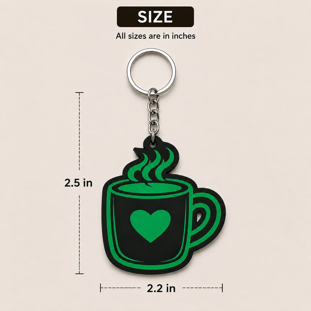 Black and green coffee mug acrylic keychain with heart design measuring 2.5 inch height and 2.2 inch width