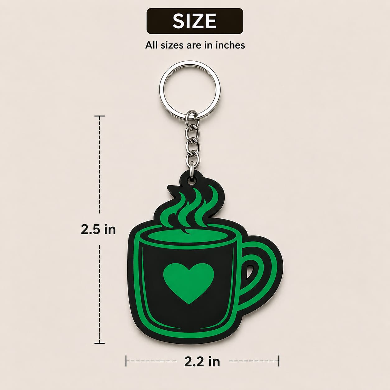Black and green coffee mug acrylic keychain with heart design measuring 2.5 inch height and 2.2 inch width