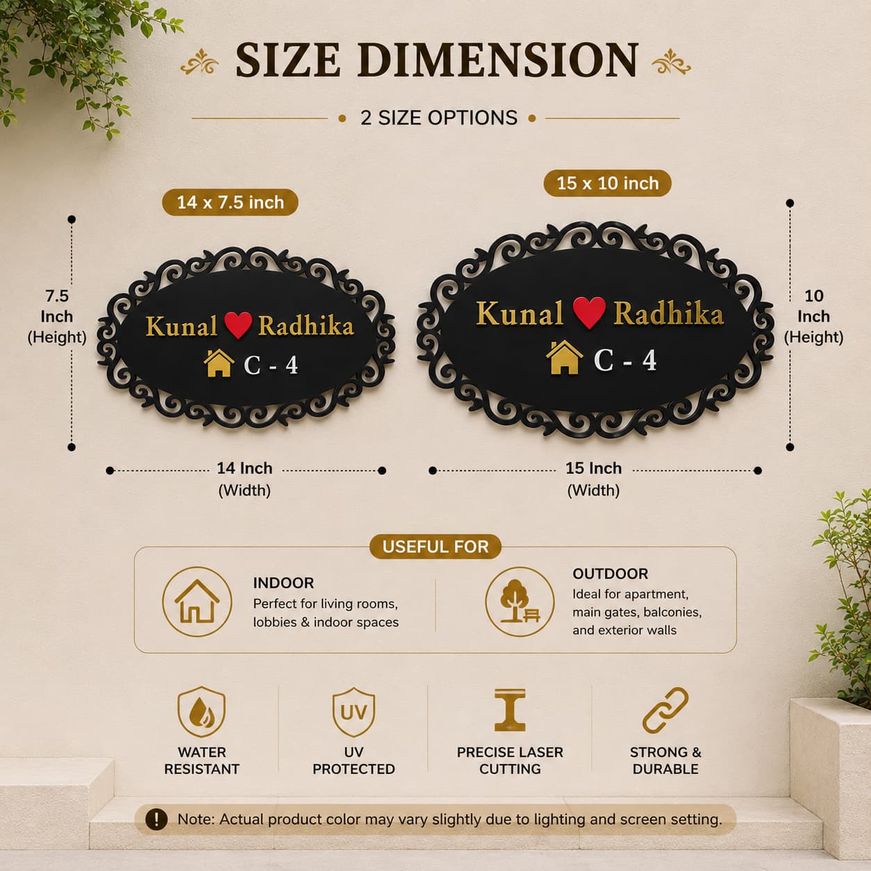 Decorative black acrylic couple name plate with golden mirror names red heart and white house number size comparison 14 x 7.5 inch and 15 x 10 inch by 11gifts