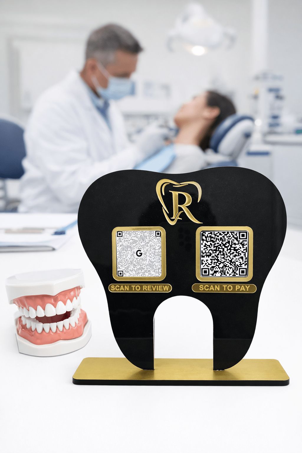 Dental clinic QR code standee tooth shape black acrylic in clinic — scan to review scan to pay 