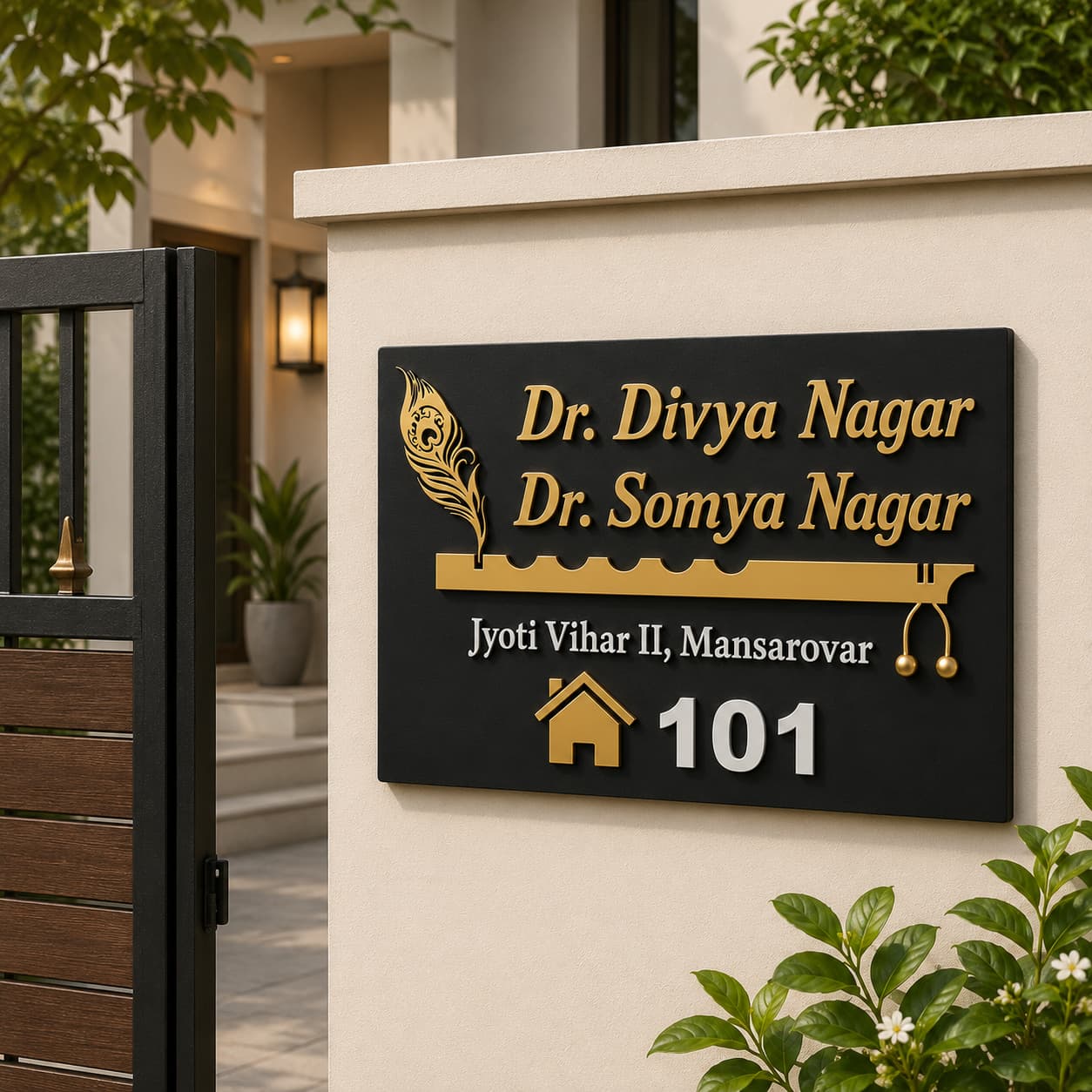 Black acrylic name plate with golden mirror 3D letters for Dr Divya Nagar and Dr Somya Nagar installed at a villa entrance