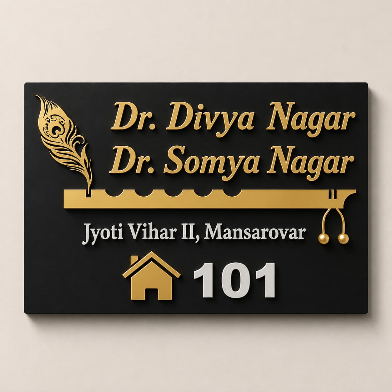 Personalized black acrylic name plate with golden mirror 3D lettering, Krishna flute design and house number 101