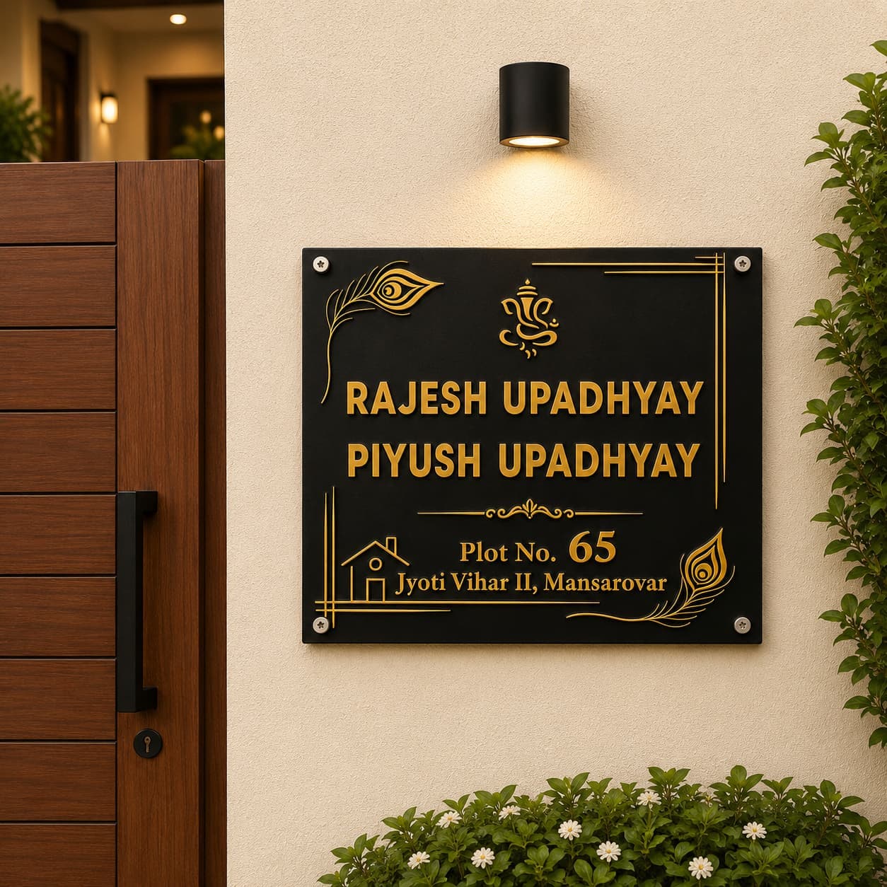 Black acrylic debossed family name plate with gold mirror backing on entrance wall