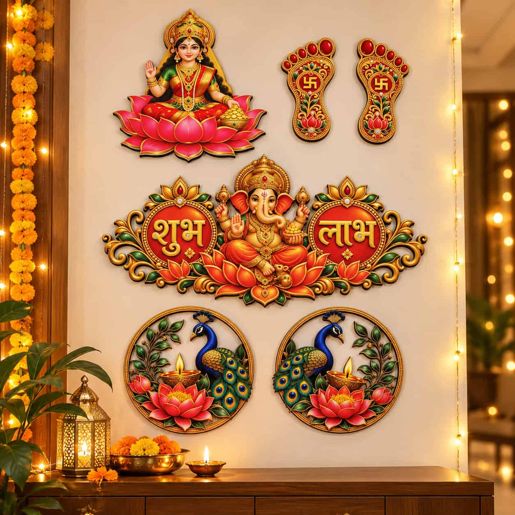 Diwali Pooja Decor Set | Laxmi Ji, Laxmi Charan, Shubh Labh & Peacock Diya (5 Pieces)