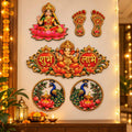 Diwali Pooja Decor Set | Laxmi Ji, Laxmi Charan, Shubh Labh & Peacock Diya (5 Pieces)