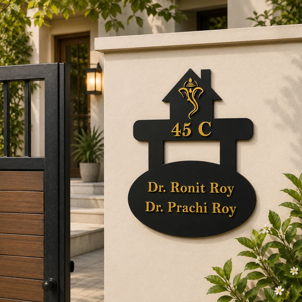 Black acrylic Ganesh house name plate with gold mirror lettering mounted on villa entrance wall