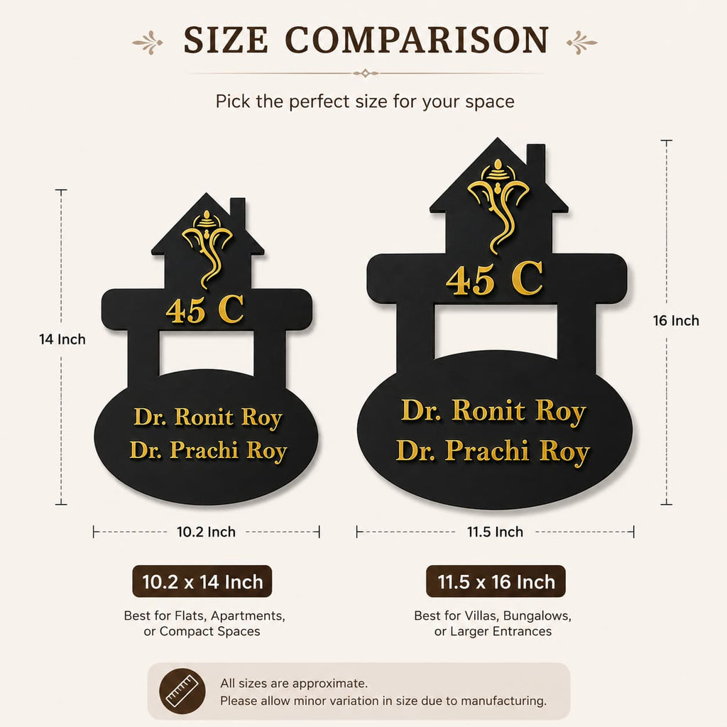 Size comparison of Ganesh house name plate in 10.2x14 inch and 11.5x16 inch black acrylic with gold mirror acrylic letters