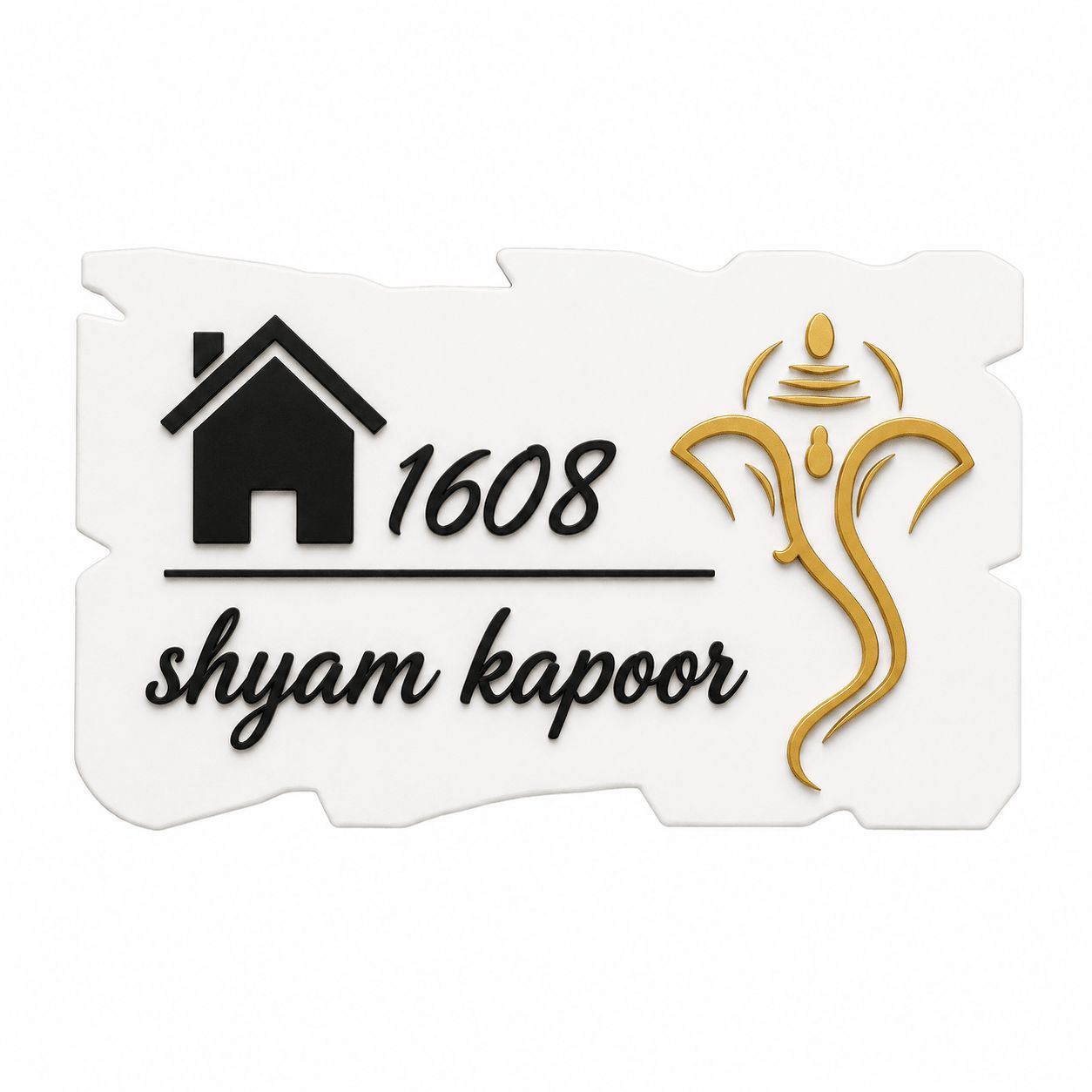 White acrylic name plate with torn edge design, gold mirror Ganesha and black embossed letters, made in Jaipur