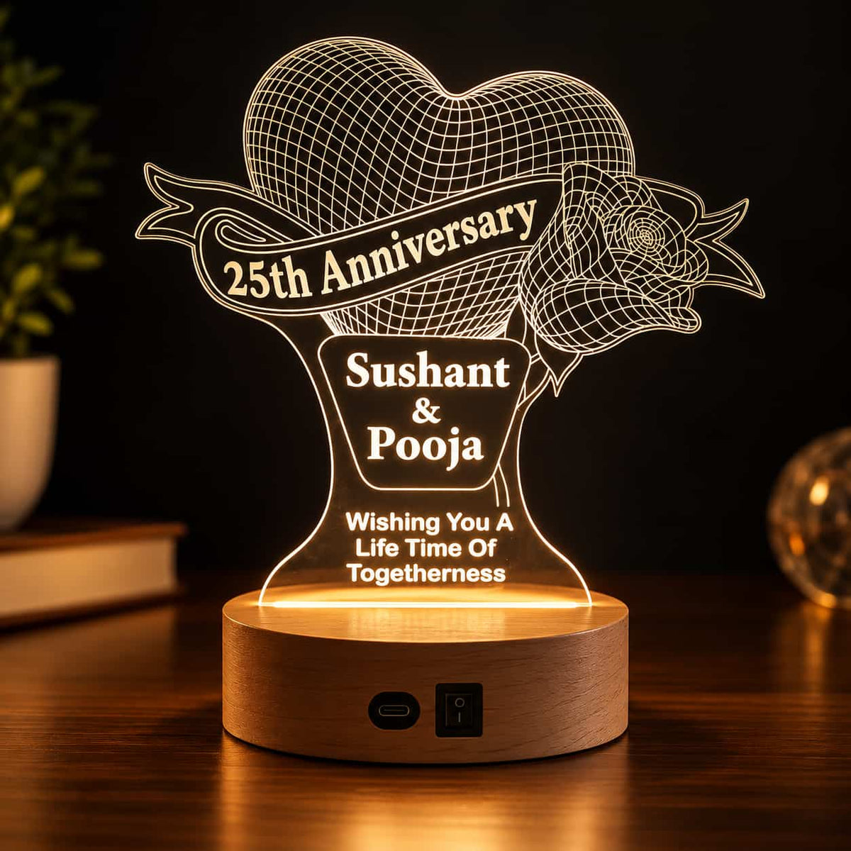Heart Rose Couple Name Lamp | Personalised Acrylic LED | Wooden Base