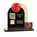 Black acrylic Google review standee with gold mirror finish, dual QR code for scan to pay and scan to review