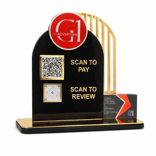 Black acrylic Google review standee with gold mirror finish, dual QR code for scan to pay and scan to review