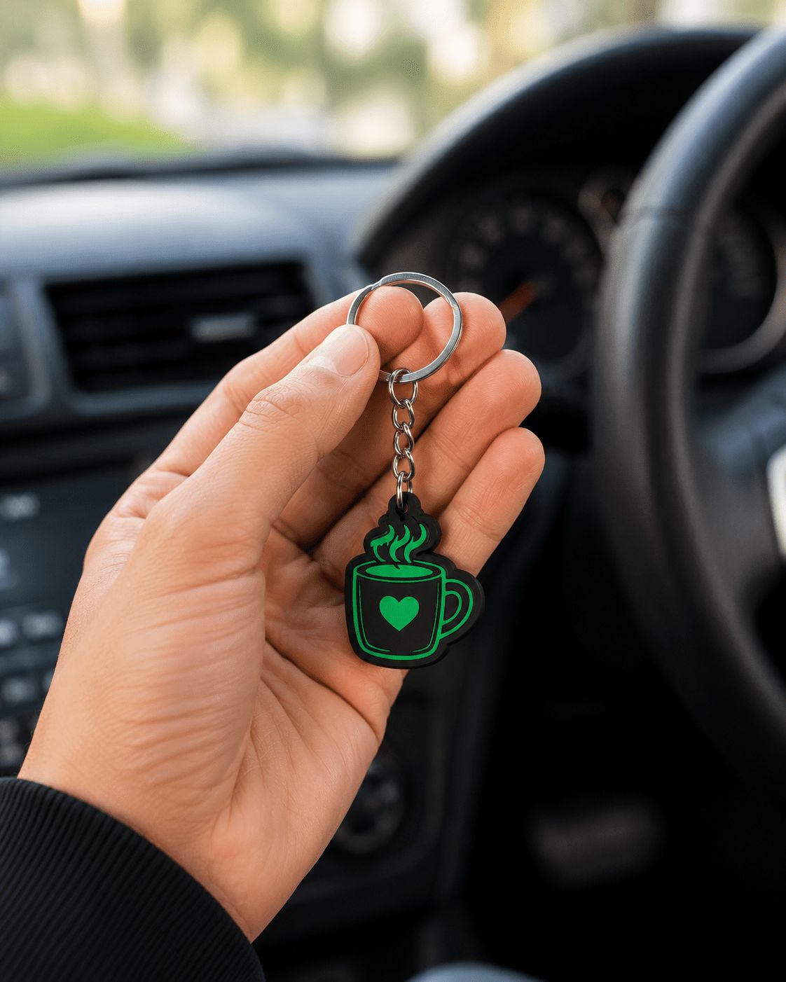 Hand holding a black green acrylic coffee mug keychain with green heart inside a car, India