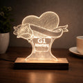 Personalised heart rose 3D acrylic LED lamp with warm white glow and wooden base on table, Jaipur