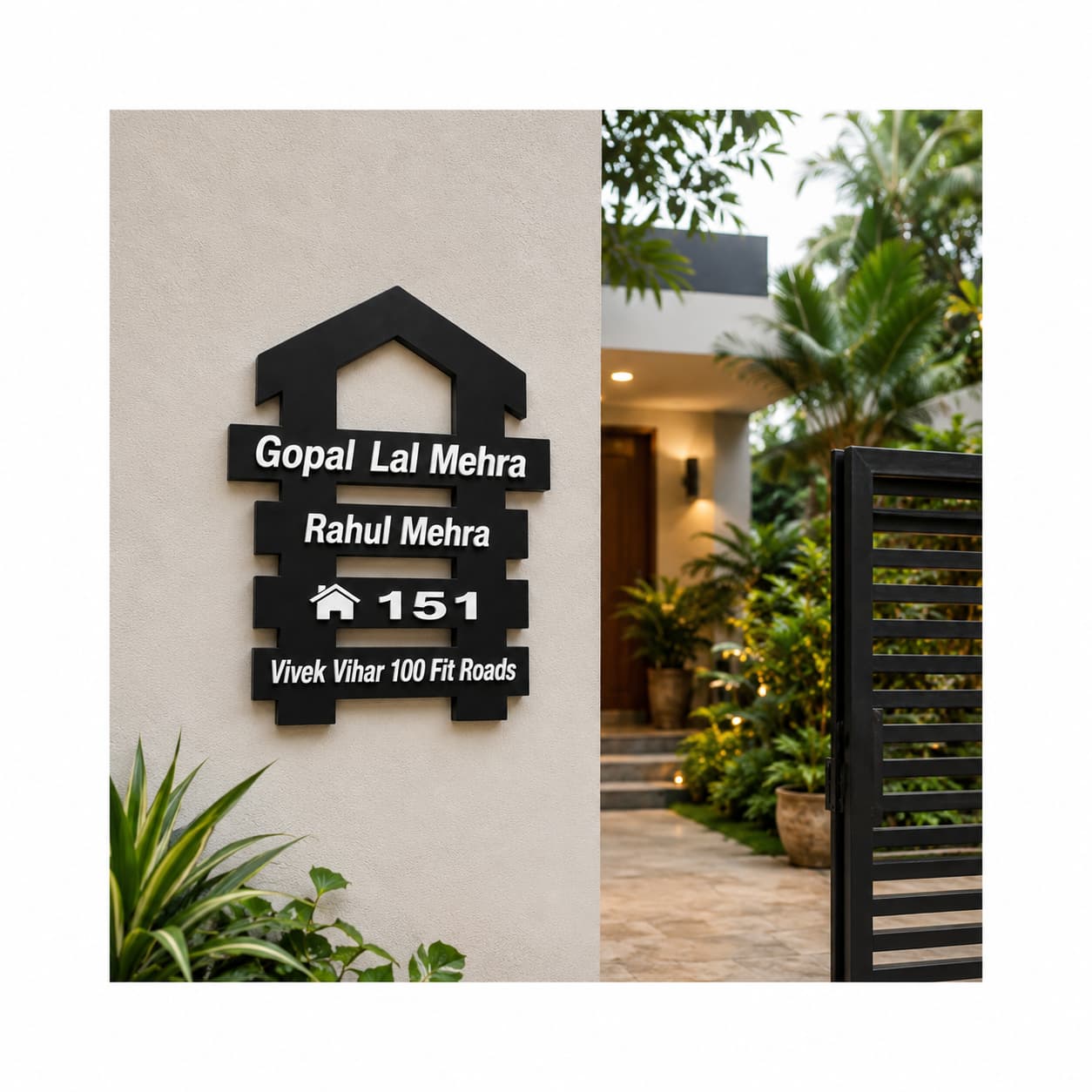Black acrylic house shaped name plate mounted on villa entrance wall with garden background by 11gifts