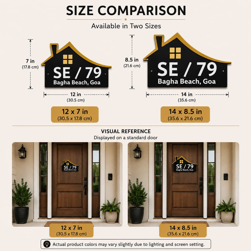 Size comparison of house shaped acrylic name plate in 12x7 inch and 14x8.5 inch dimensions with door reference