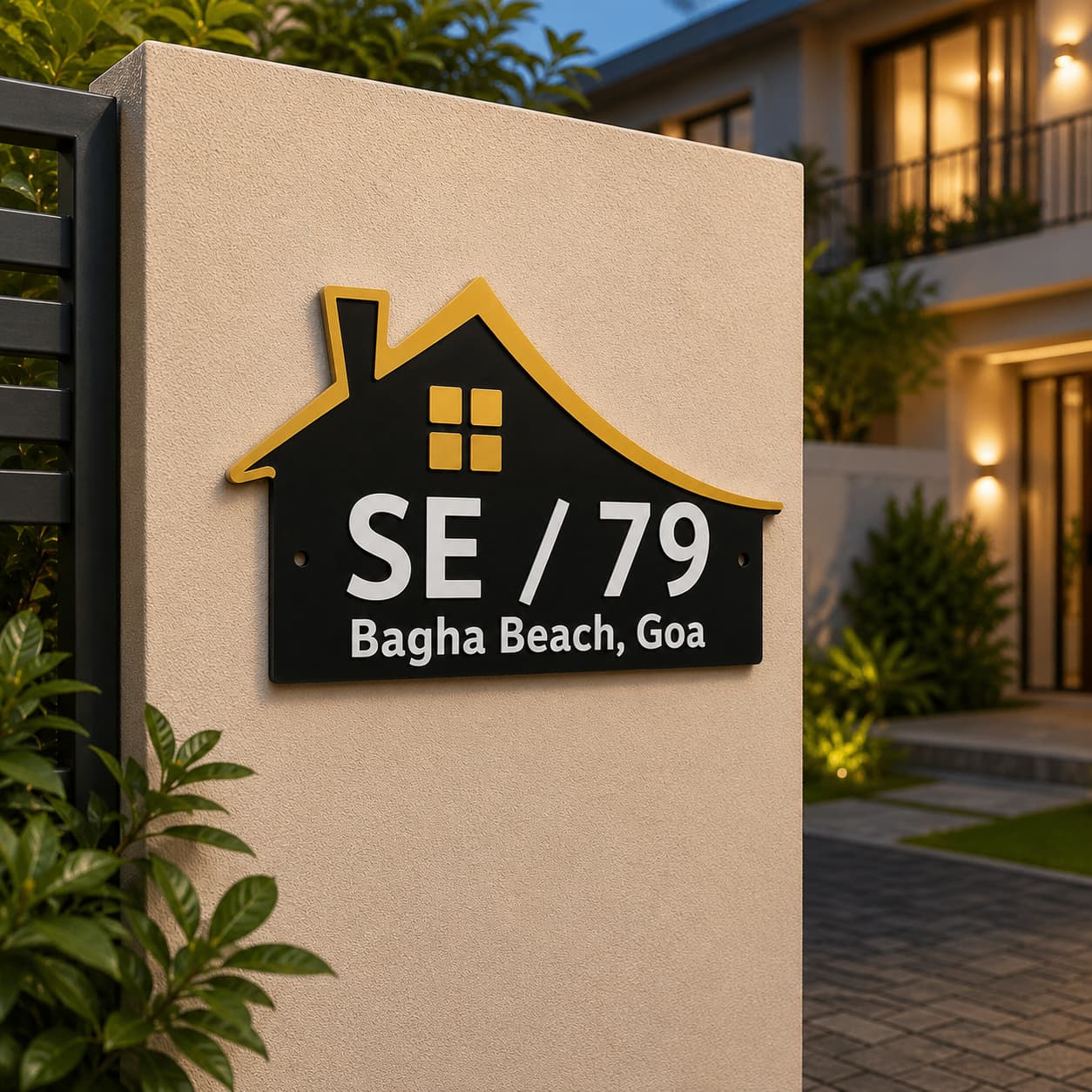Black and gold house shaped acrylic name plate mounted on a modern home entrance wall