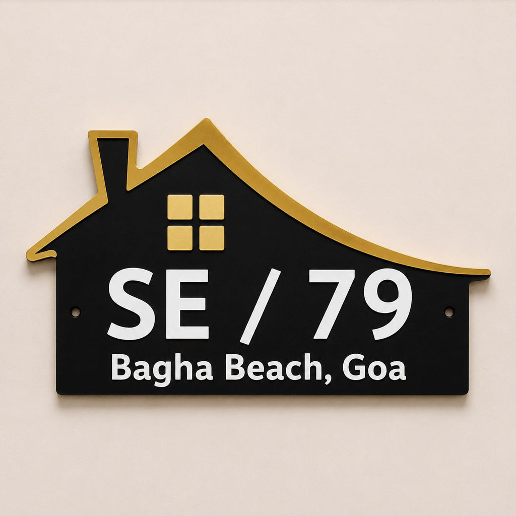 House shaped black acrylic name plate with gold mirror roof outline and white 3D embossed letters, India