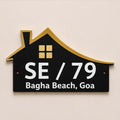 House shaped black acrylic name plate with gold mirror roof outline and white 3D embossed letters, India