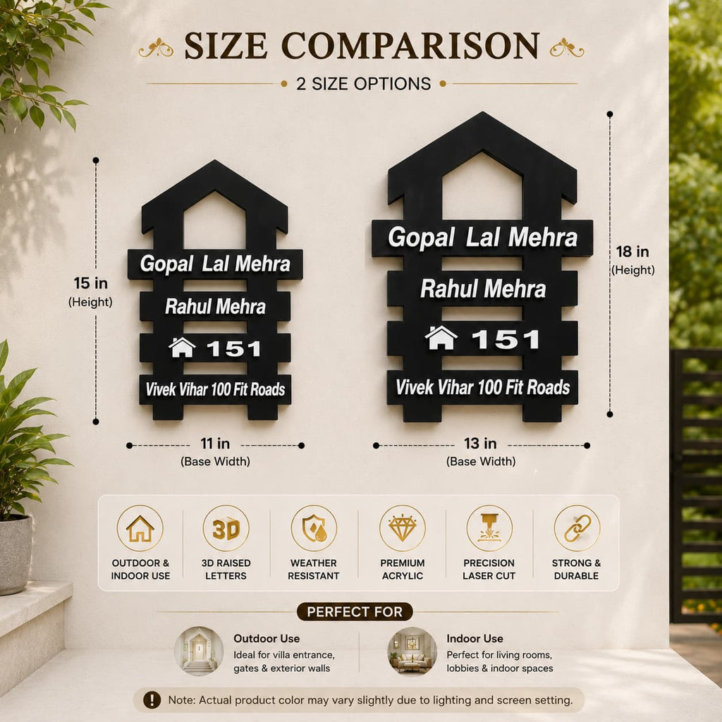 Size comparison of black acrylic house shape name plate in 15x11 inch and 18x13 inch sizes by 11gifts