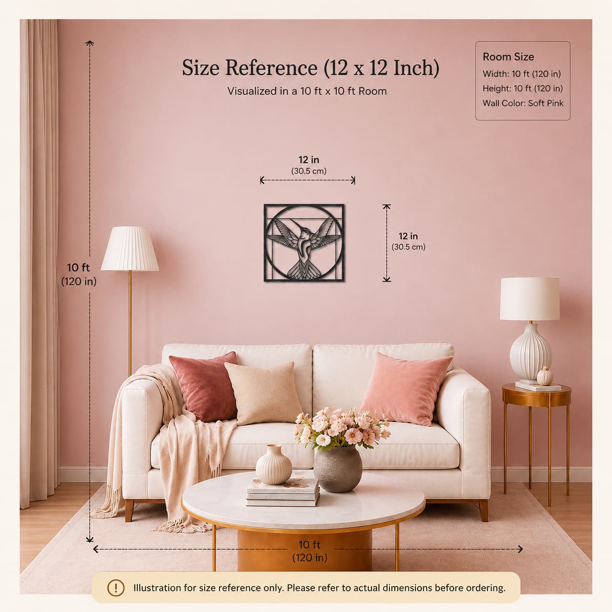 Hummingbird MDF wall art size reference 12x12 inch displayed in a 10x10 ft living room