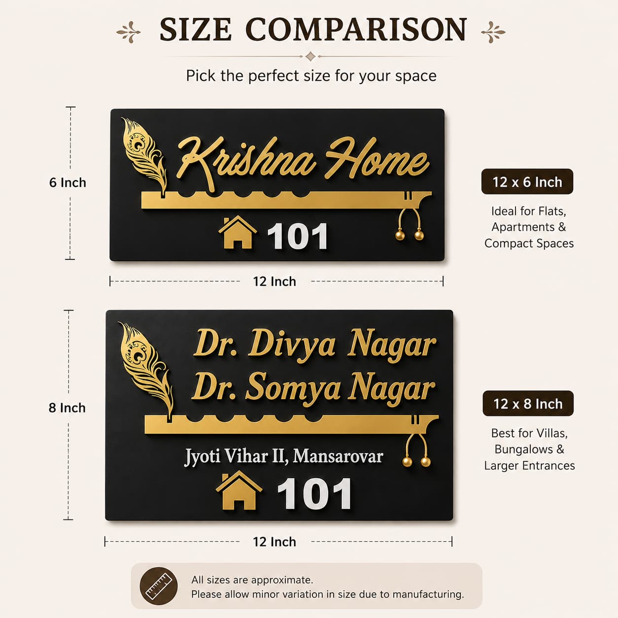 Size comparison of 12 x 6 inch and 12 x 8 inch black acrylic Krishna Home name plates with golden mirror details