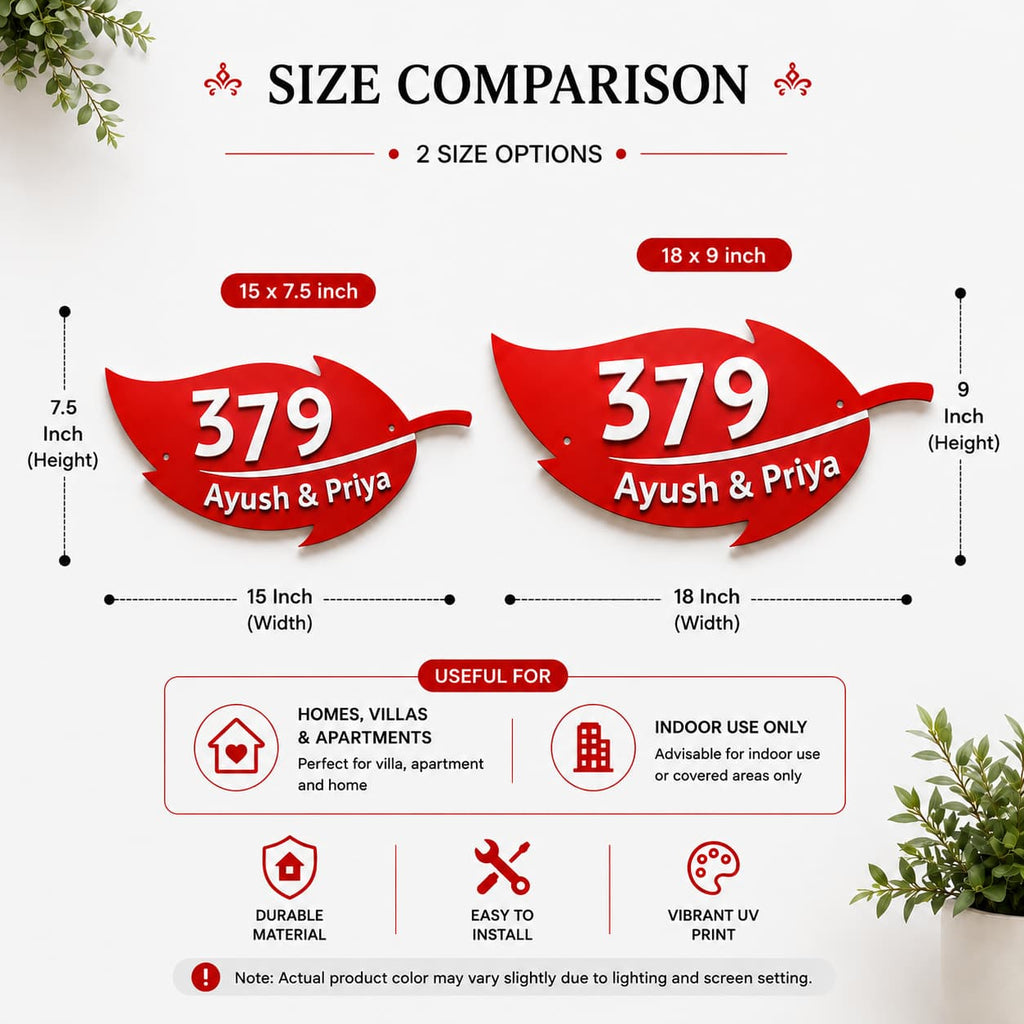 Size comparison chart for 'Ayush & Priya' decorative items with dimensions and usage information.