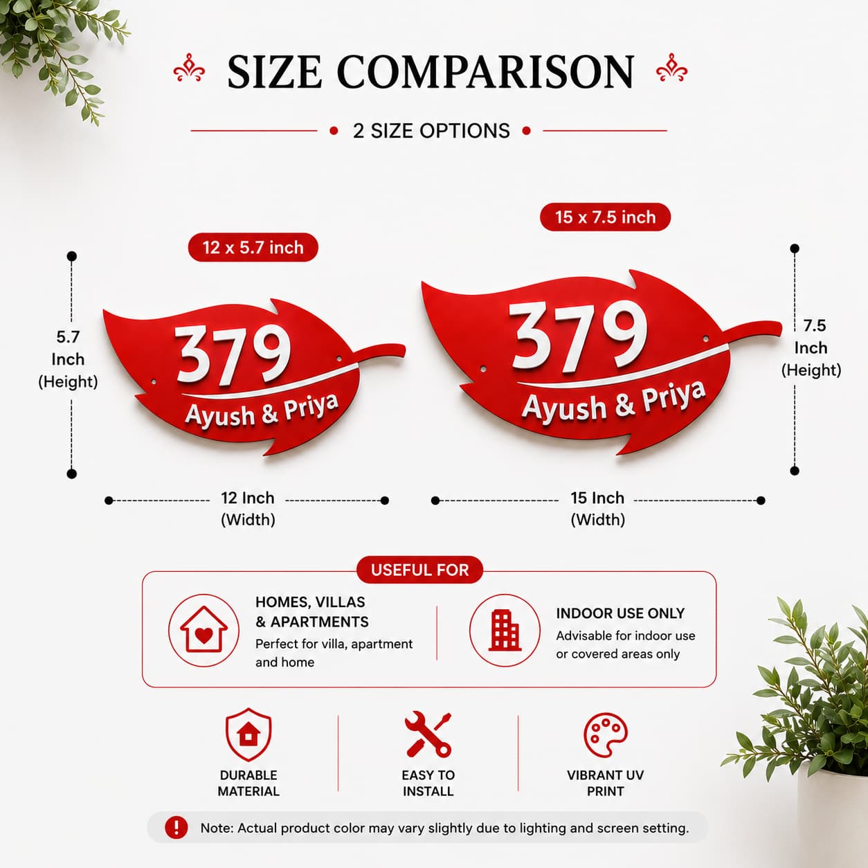 Size comparison chart for 'Ayush & Priya' decorative items with dimensions and usage information.