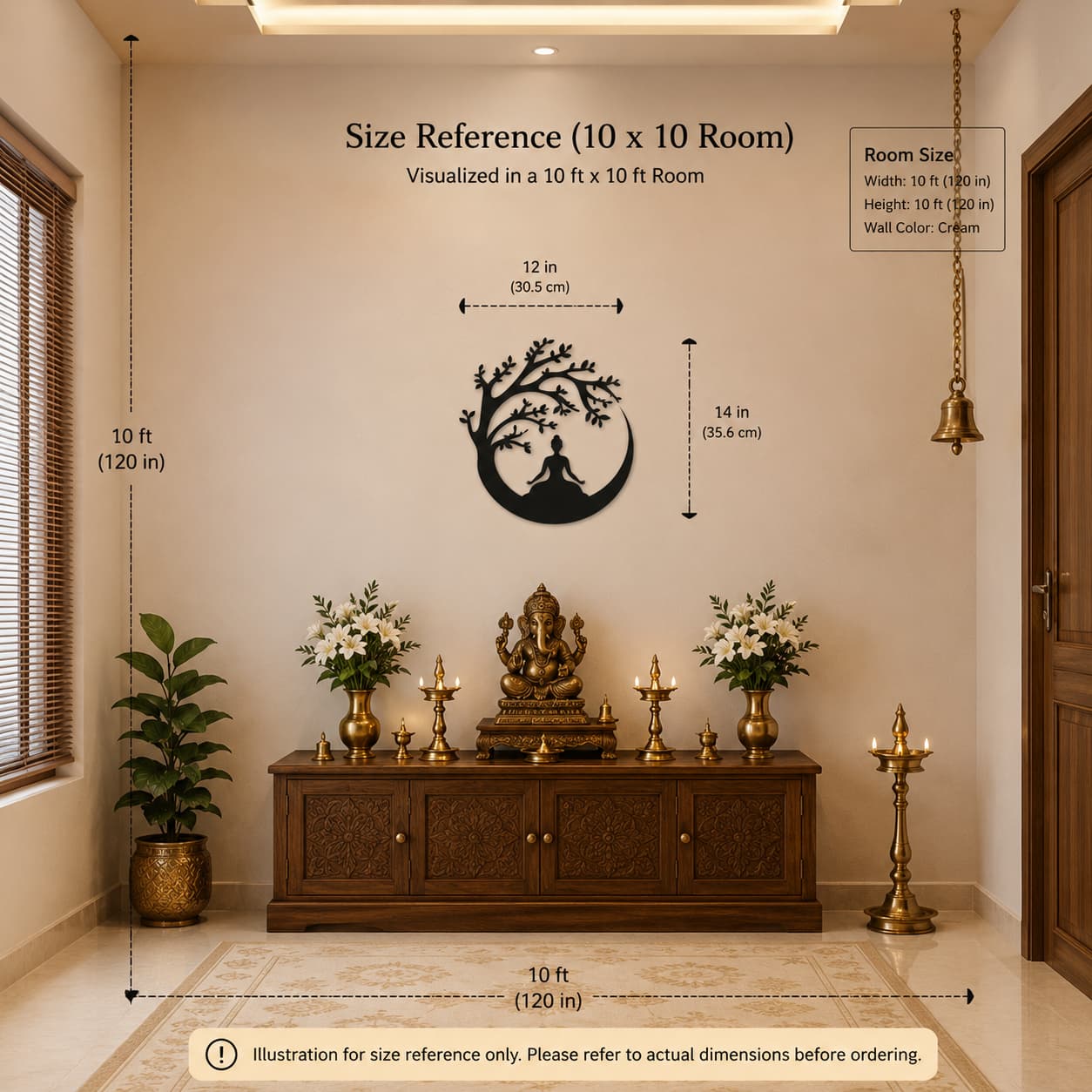 Meditation Tree MDF wall art size reference 12 x 14 inch displayed in a 10 x 10 ft temple room with dimension guide and room scale comparison