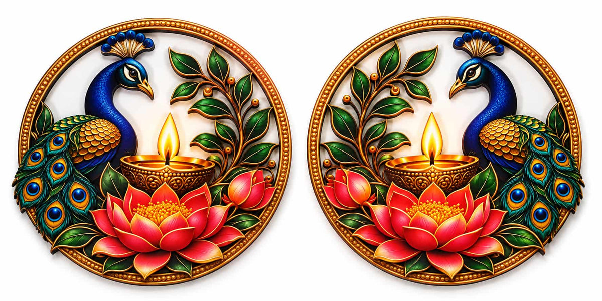 Diwali Pooja Decor Set | Laxmi Ji, Laxmi Charan, Shubh Labh & Peacock Diya (5 Pieces)